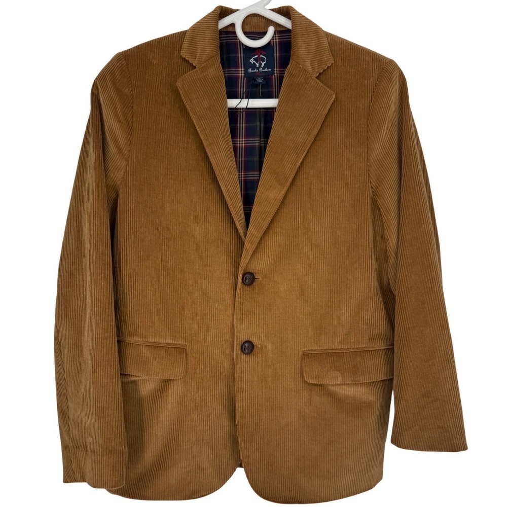 Brooks Brothers Fleece Boys Large Brown Corduroy 2 Button Plaid Lined Blazer